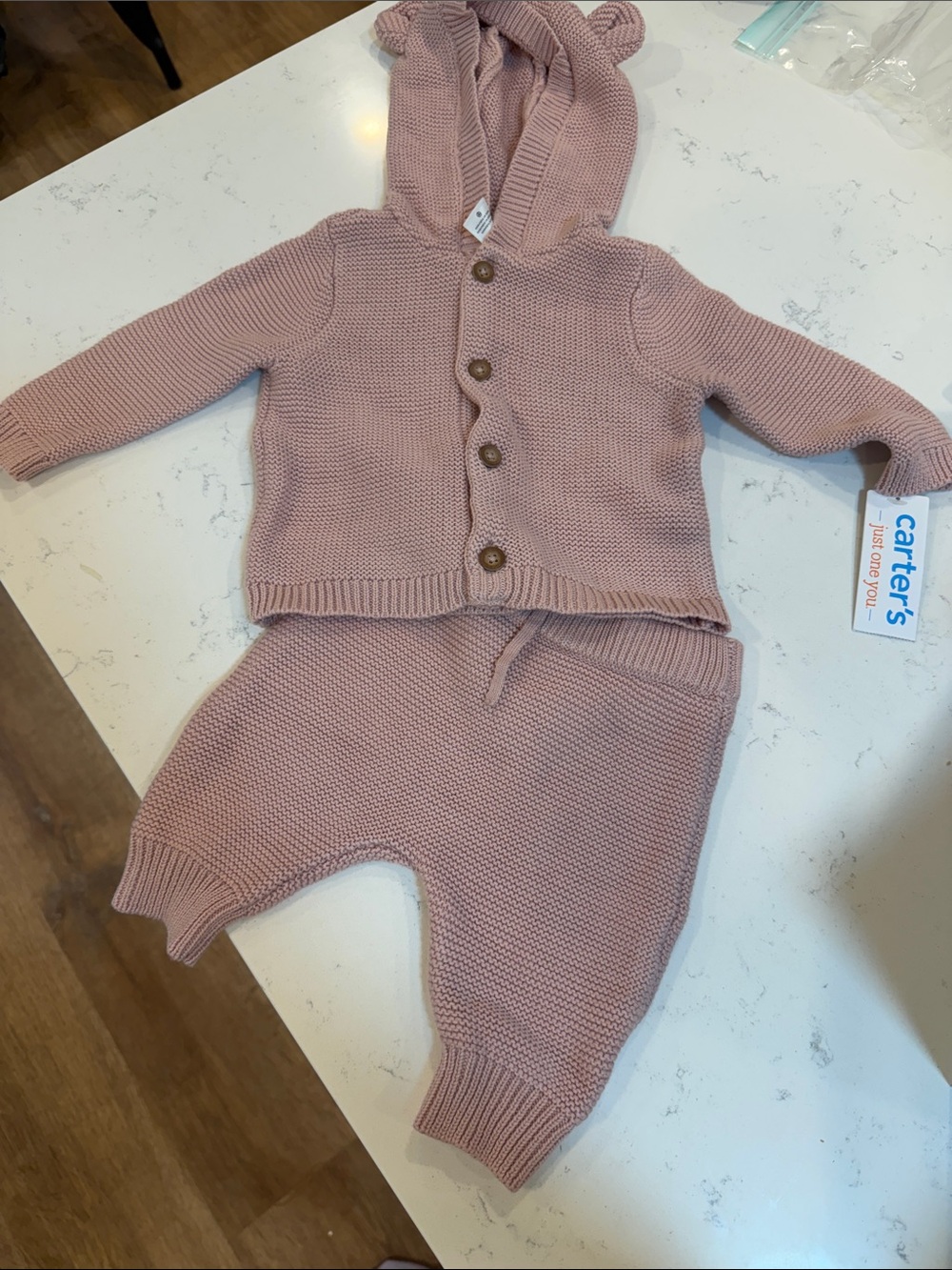Carter's Knit Hooded Cardigan and Pants Set in Dusty Pink